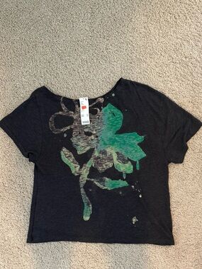 BDG Black Short-Sleeve Tee with Green Floral Graphic